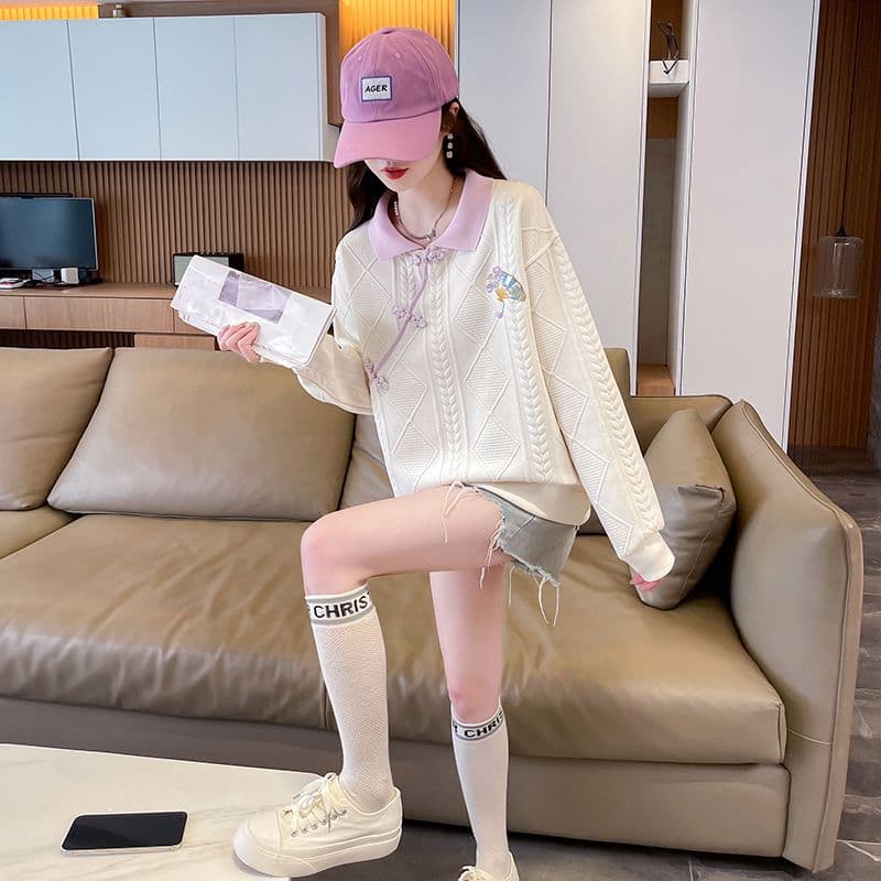 실사 2026 가을 겨울 새로운 자수 빅 사이즈 디자인 센스 POLO 칼라 미니멀리즘 풀오버 연령 감소 맨위 후드티 여성 상세 이미지 24