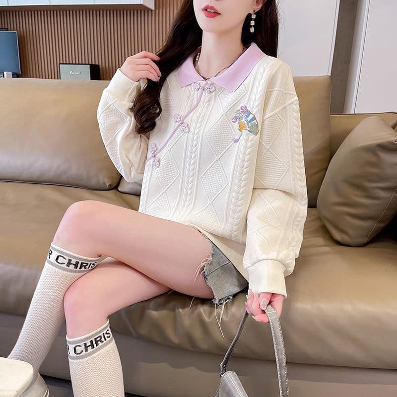 실사 2026 가을 겨울 새로운 자수 빅 사이즈 디자인 센스 POLO 칼라 미니멀리즘 풀오버 연령 감소 맨위 후드티 여성 상세 이미지 29