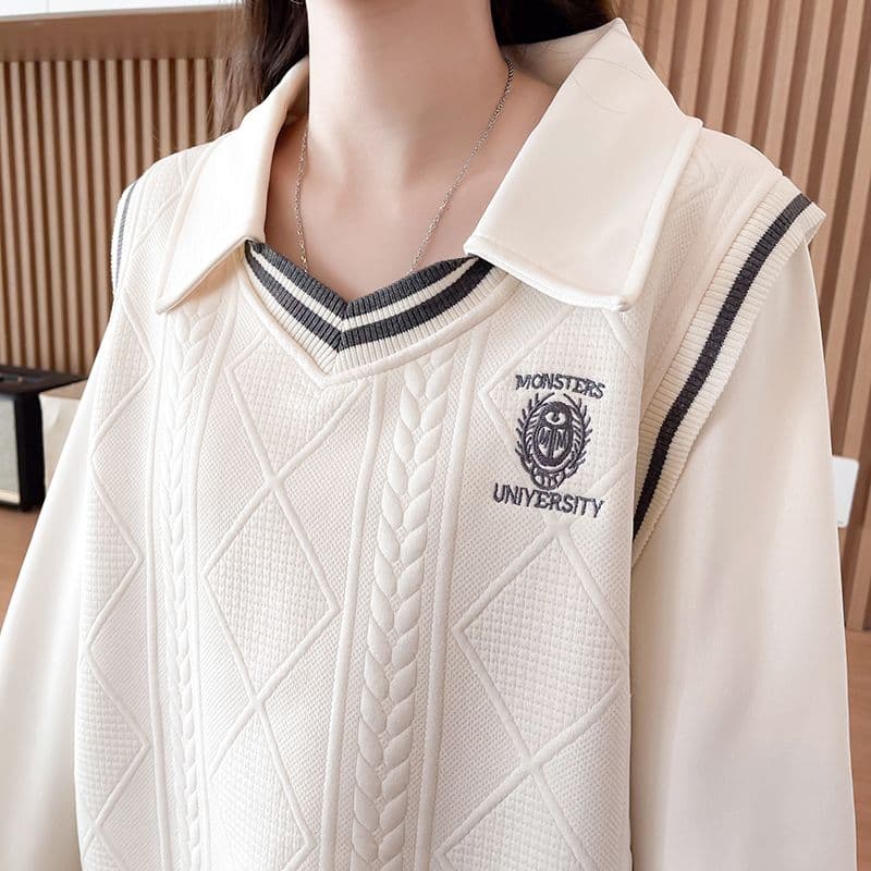 실사 2026 가을 겨울 새로운 자수 페이크 레이어드 디자인 센스 POLO 칼라 미니멀리즘 풀오버 V넥 후드티 여성 상세 이미지 11
