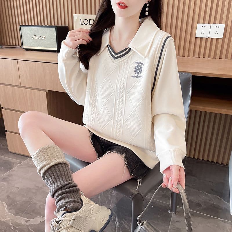 실사 2026 가을 겨울 새로운 자수 페이크 레이어드 디자인 센스 POLO 칼라 미니멀리즘 풀오버 V넥 후드티 여성 상세 이미지 23