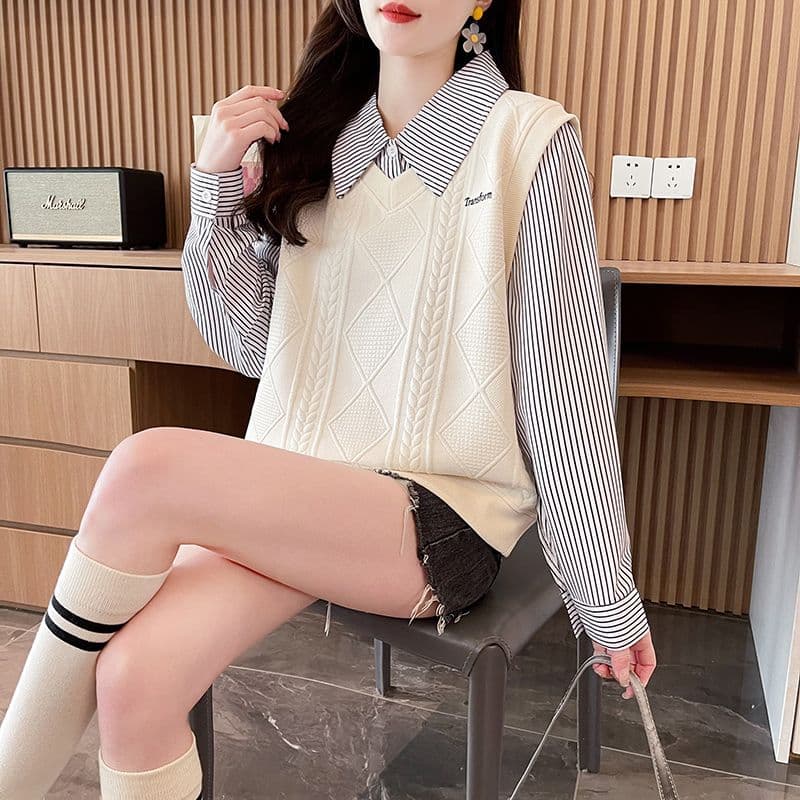 실사 2026 가을 겨울 새로운 패치워크 페이크 레이어드 디자인 센스 POLO 칼라 미니멀리즘 풀오버 스트라이프 얇은 스타일 후드티 여성 상세 이미지 11