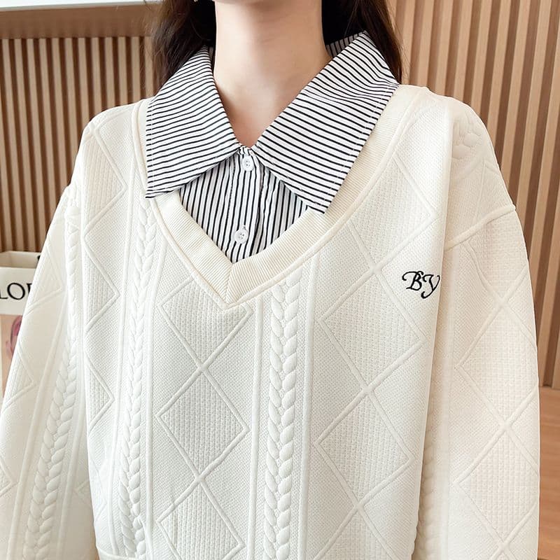 실사 2026 가을 겨울 새로운 페이크 레이어드 학원 스타일 패치워크 셔츠 POLO 칼라 디자인 센스 얇은 스타일 후드티 여성 상세 이미지 3