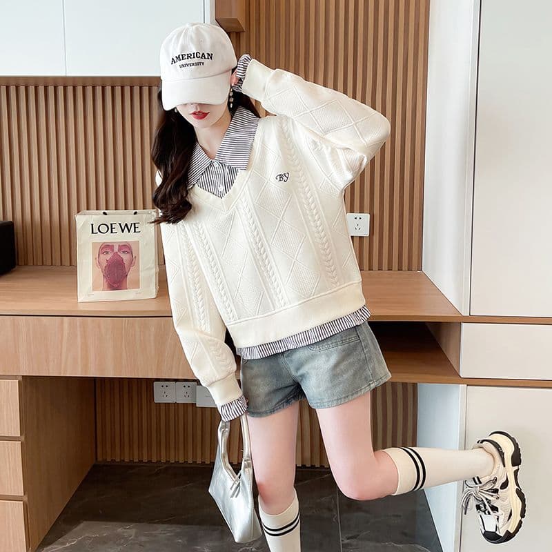 실사 2026 가을 겨울 새로운 페이크 레이어드 학원 스타일 패치워크 셔츠 POLO 칼라 디자인 센스 얇은 스타일 후드티 여성 상세 이미지 8