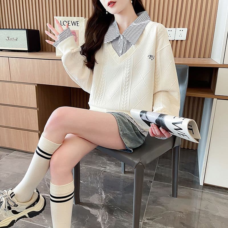 실사 2026 가을 겨울 새로운 페이크 레이어드 학원 스타일 패치워크 셔츠 POLO 칼라 디자인 센스 얇은 스타일 후드티 여성 상세 이미지 14