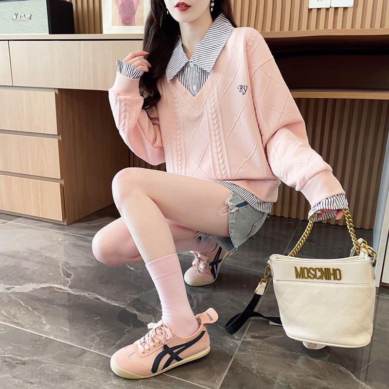실사 2026 가을 겨울 새로운 페이크 레이어드 학원 스타일 패치워크 셔츠 POLO 칼라 디자인 센스 얇은 스타일 후드티 여성 상세 이미지 20