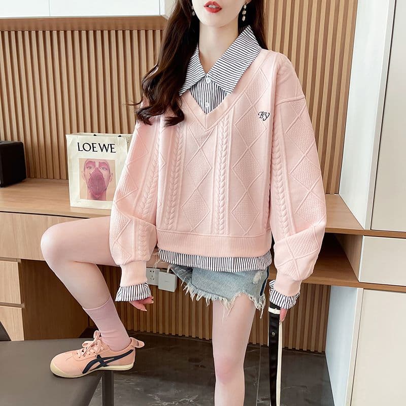 실사 2026 가을 겨울 새로운 페이크 레이어드 학원 스타일 패치워크 셔츠 POLO 칼라 디자인 센스 얇은 스타일 후드티 여성 상세 이미지 21