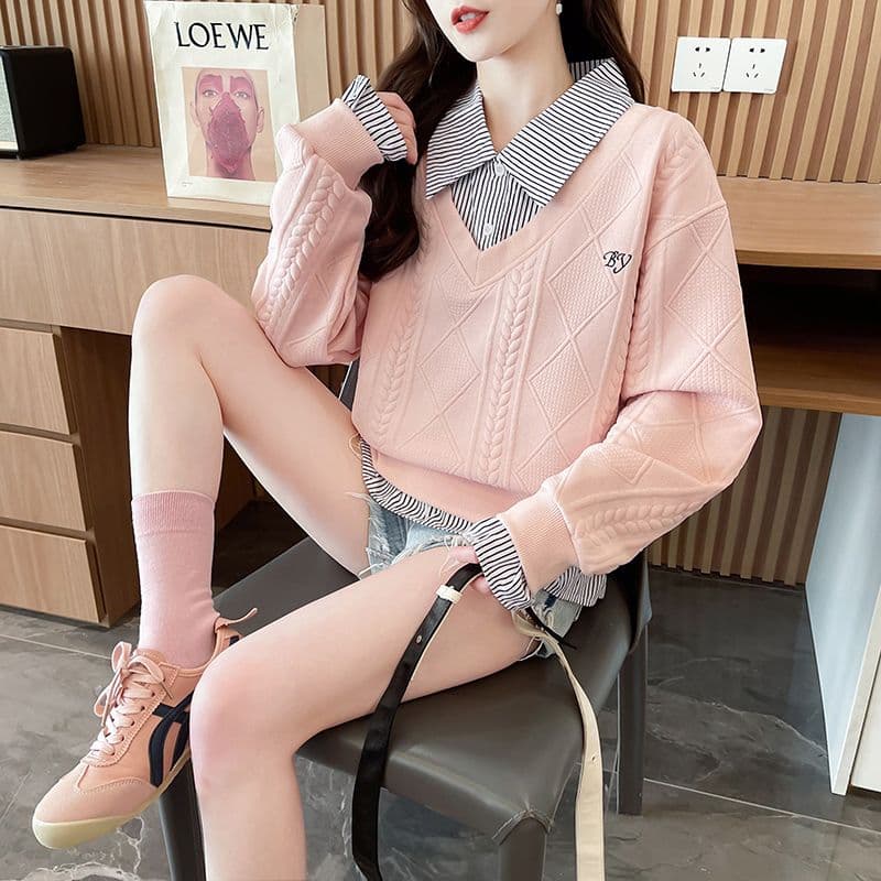 실사 2026 가을 겨울 새로운 페이크 레이어드 학원 스타일 패치워크 셔츠 POLO 칼라 디자인 센스 얇은 스타일 후드티 여성 상세 이미지 22