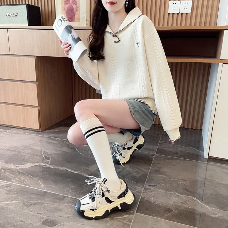실사 2026 가을 겨울 새로운 POLO 칼라 루즈핏 빅 사이즈 작은 키 디자인 센스 표지 고기 얇은 스타일 후드티 여성 상세 이미지 14