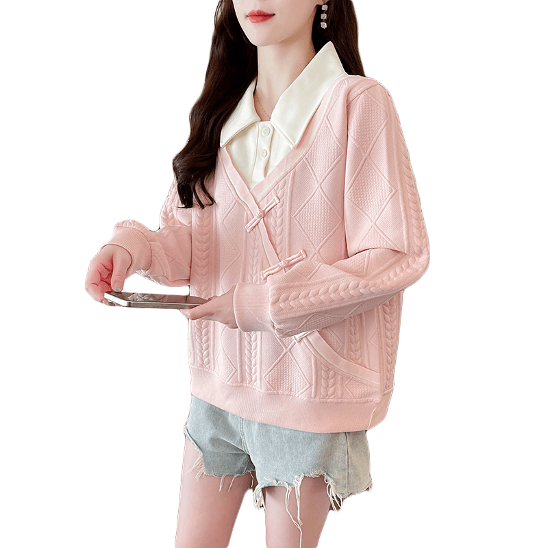 실사 2026 가을 겨울 달콤함 POLO 칼라 새로운 중식 패치워크 페이크 레이어드 패션 다용도 단추 맨위 후드티 여성 이미지 5