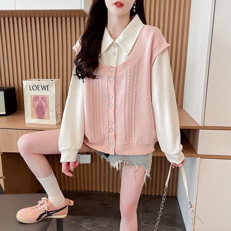 실사 2026 가을 겨울 새로운 POLO 셔츠 한국 스타일 루즈핏 긴팔 패션 다용도 맨위 페이크 레이어드 후드티 여성 상세 이미지 17