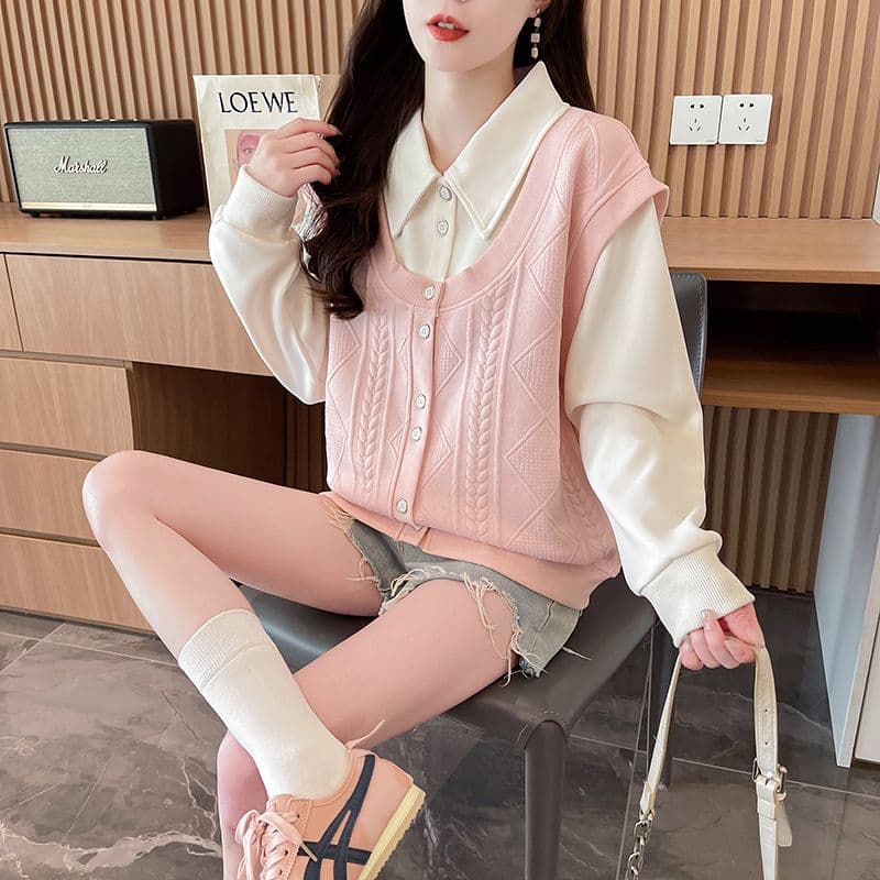 실사 2026 가을 겨울 새로운 POLO 셔츠 한국 스타일 루즈핏 긴팔 패션 다용도 맨위 페이크 레이어드 후드티 여성 상세 이미지 18