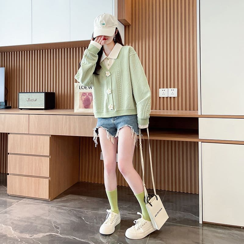 실사 2026 가을 겨울 디자인 센스 배색 다용도 외출용 작은 키 불규칙 맨위 POLO 칼라 후드티 여성 상세 이미지 25