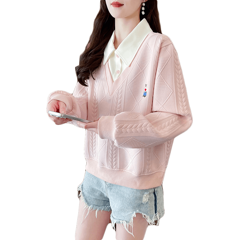 실사 2026 가을 의상 학원 스타일 페이크 레이어드 POLO 칼라 자수 리브 다용도 외출용 맨위 후드티 여성 이미지 5
