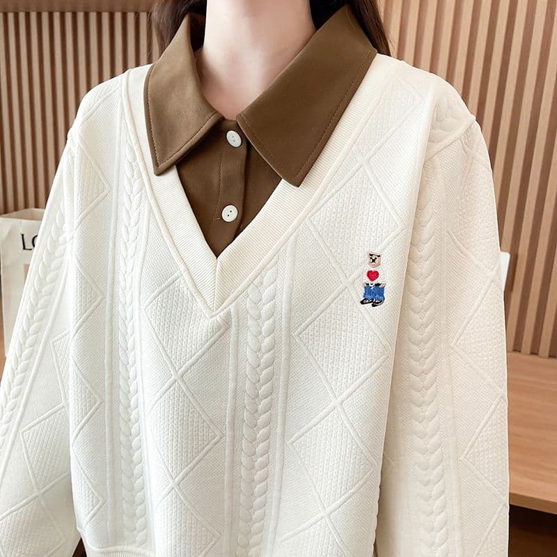 실사 2026 가을 의상 학원 스타일 페이크 레이어드 POLO 칼라 자수 리브 다용도 외출용 맨위 후드티 여성 상세 이미지 6