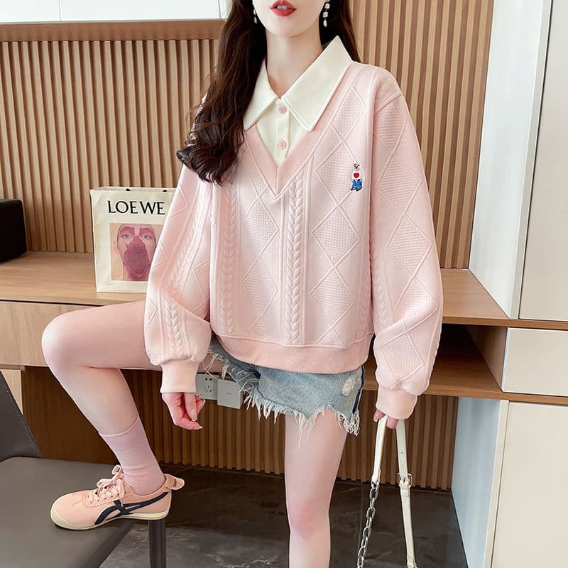 실사 2026 가을 의상 학원 스타일 페이크 레이어드 POLO 칼라 자수 리브 다용도 외출용 맨위 후드티 여성 상세 이미지 21