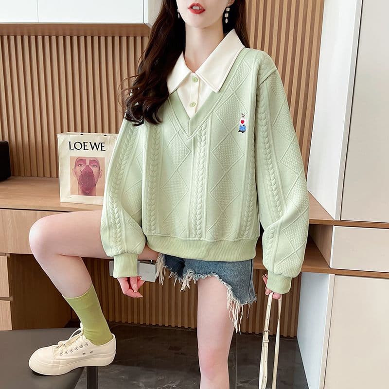 실사 2026 가을 의상 학원 스타일 페이크 레이어드 POLO 칼라 자수 리브 다용도 외출용 맨위 후드티 여성 상세 이미지 28