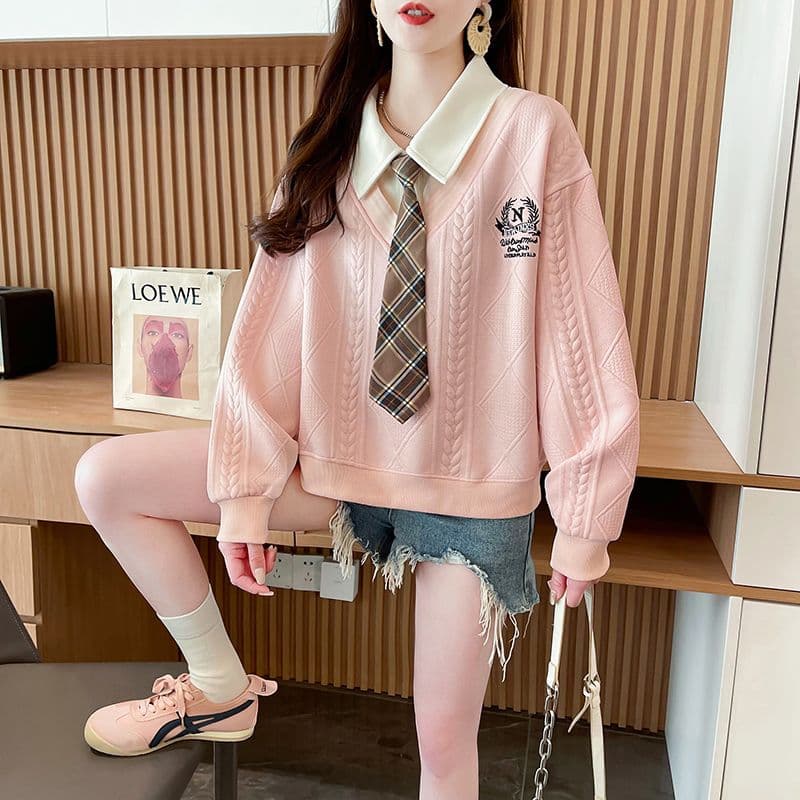 실사 2026 가을 의상 루즈핏 다용도 학원 스타일 쇼트 스타일 POLO 칼라 패션 자수 맨위 페이크 레이어드 후드티 여성 상세 이미지 29