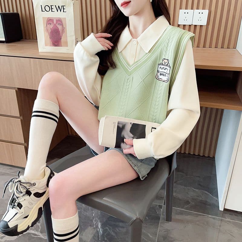 실사 2026 가을 의상 새로운 한국 스타일 다용도 루즈핏 배색 작은 키 패션 페이크 레이어드 얇은 스타일 후드티 여성 상세 이미지 3