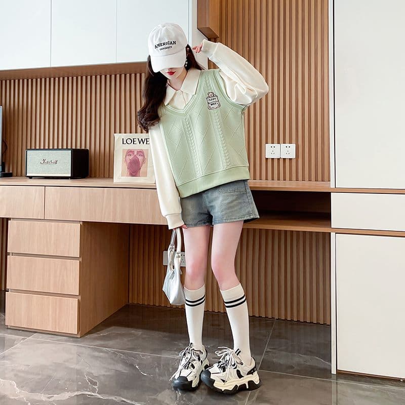 실사 2026 가을 의상 새로운 한국 스타일 다용도 루즈핏 배색 작은 키 패션 페이크 레이어드 얇은 스타일 후드티 여성 상세 이미지 10