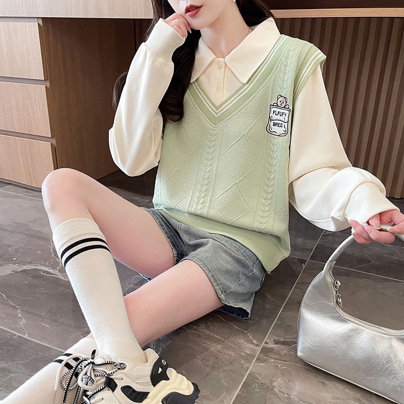 실사 2026 가을 의상 새로운 한국 스타일 다용도 루즈핏 배색 작은 키 패션 페이크 레이어드 얇은 스타일 후드티 여성 상세 이미지 14