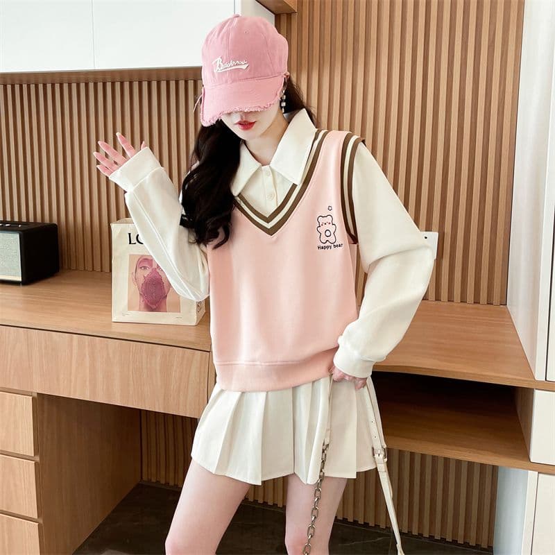 실사 2026 가을 의상 루즈핏 작은 곰 프린트 POLO 칼라 베스트 작은 키 셔츠 맨위 페이크 레이어드 후드티 여성 이미지 4
