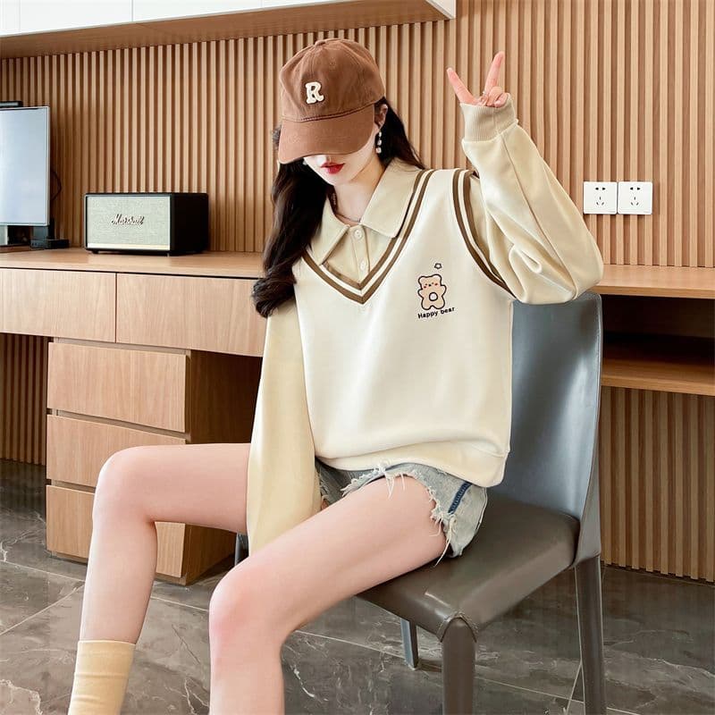 실사 2026 가을 의상 루즈핏 작은 곰 프린트 POLO 칼라 베스트 작은 키 셔츠 맨위 페이크 레이어드 후드티 여성 상세 이미지 3