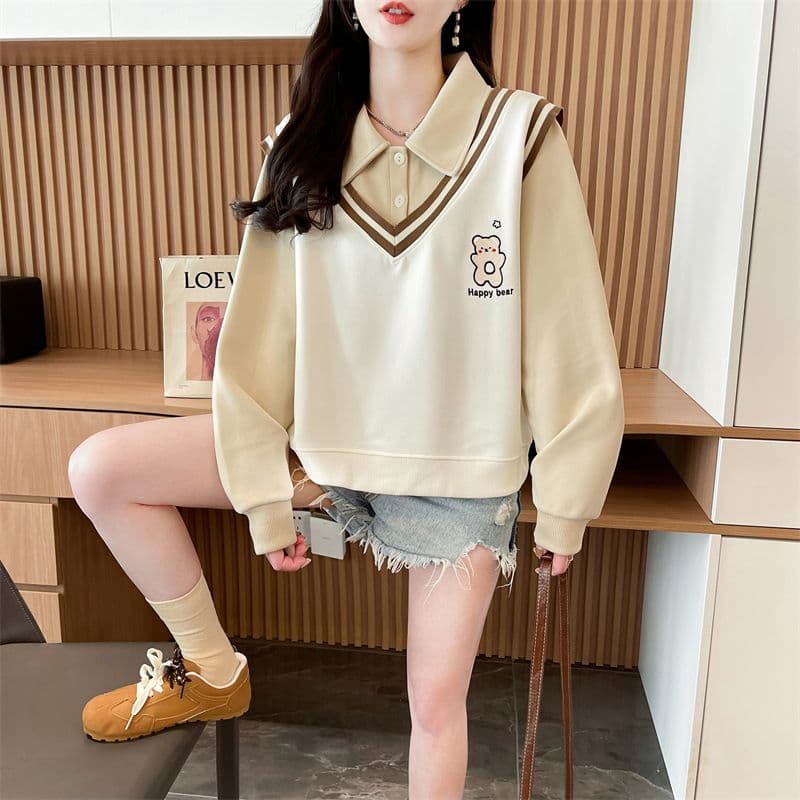 실사 2026 가을 의상 루즈핏 작은 곰 프린트 POLO 칼라 베스트 작은 키 셔츠 맨위 페이크 레이어드 후드티 여성 상세 이미지 4