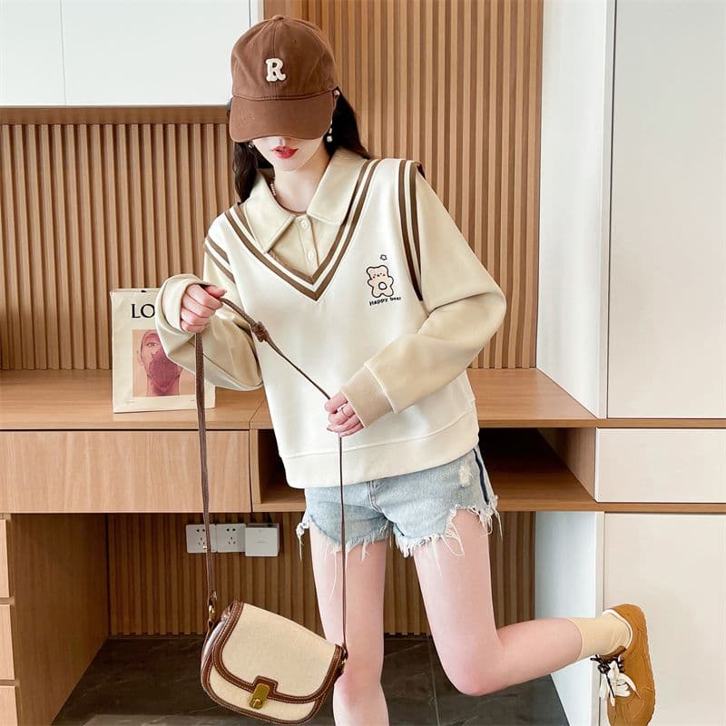 실사 2026 가을 의상 루즈핏 작은 곰 프린트 POLO 칼라 베스트 작은 키 셔츠 맨위 페이크 레이어드 후드티 여성 상세 이미지 6