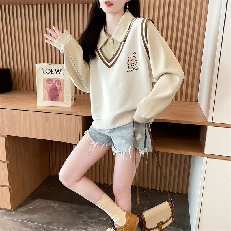 실사 2026 가을 의상 루즈핏 작은 곰 프린트 POLO 칼라 베스트 작은 키 셔츠 맨위 페이크 레이어드 후드티 여성 상세 이미지 7