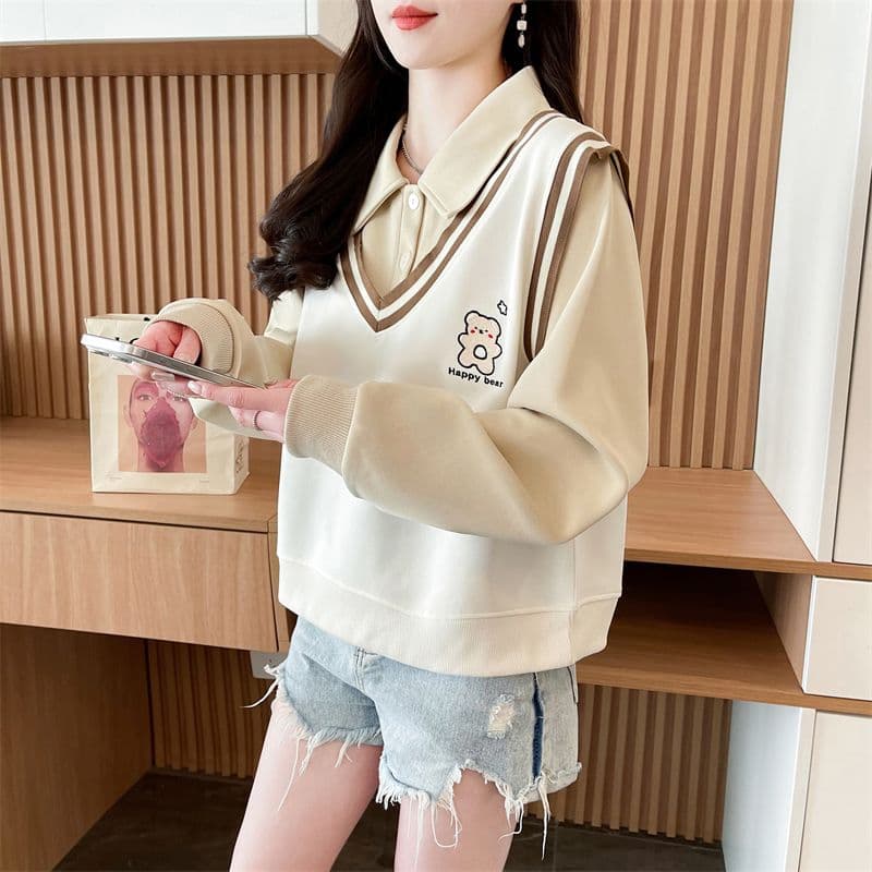 실사 2026 가을 의상 루즈핏 작은 곰 프린트 POLO 칼라 베스트 작은 키 셔츠 맨위 페이크 레이어드 후드티 여성 상세 이미지 8