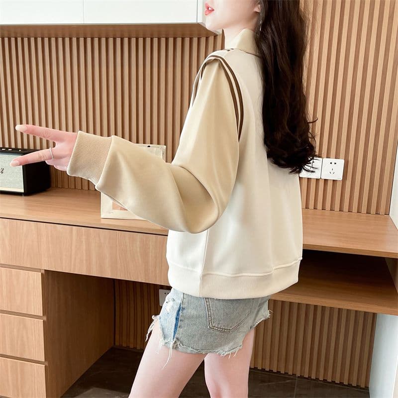 실사 2026 가을 의상 루즈핏 작은 곰 프린트 POLO 칼라 베스트 작은 키 셔츠 맨위 페이크 레이어드 후드티 여성 상세 이미지 10