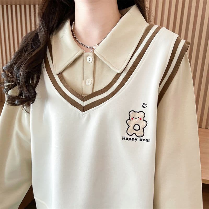 실사 2026 가을 의상 루즈핏 작은 곰 프린트 POLO 칼라 베스트 작은 키 셔츠 맨위 페이크 레이어드 후드티 여성 상세 이미지 11