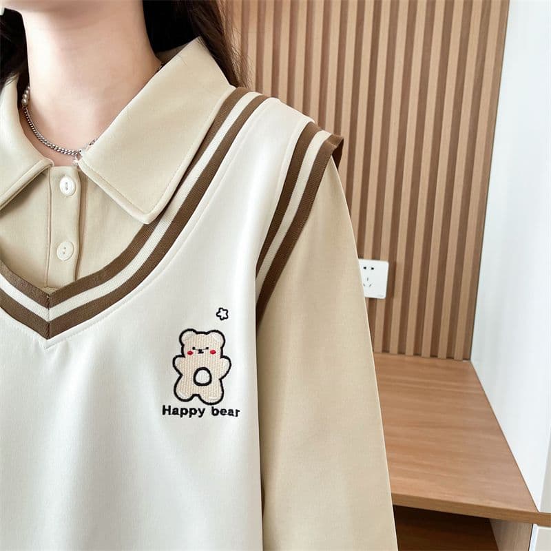 실사 2026 가을 의상 루즈핏 작은 곰 프린트 POLO 칼라 베스트 작은 키 셔츠 맨위 페이크 레이어드 후드티 여성 상세 이미지 12