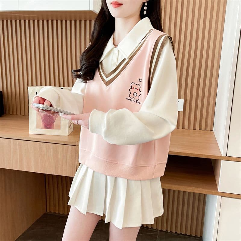 실사 2026 가을 의상 루즈핏 작은 곰 프린트 POLO 칼라 베스트 작은 키 셔츠 맨위 페이크 레이어드 후드티 여성 상세 이미지 18