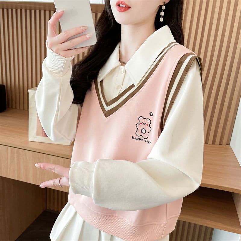 실사 2026 가을 의상 루즈핏 작은 곰 프린트 POLO 칼라 베스트 작은 키 셔츠 맨위 페이크 레이어드 후드티 여성 상세 이미지 19