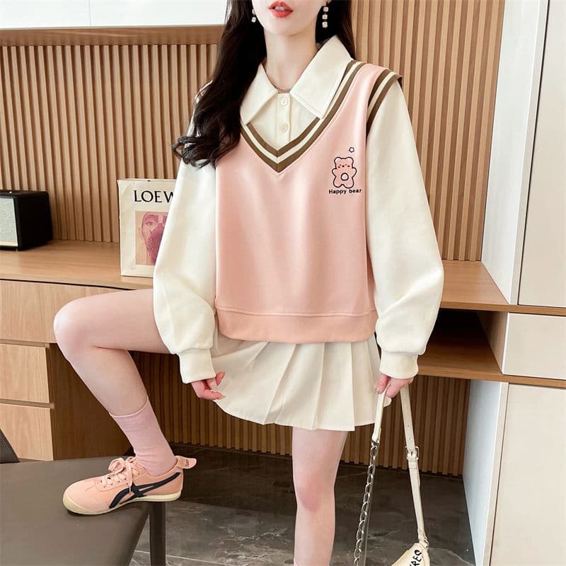 실사 2026 가을 의상 루즈핏 작은 곰 프린트 POLO 칼라 베스트 작은 키 셔츠 맨위 페이크 레이어드 후드티 여성 상세 이미지 21