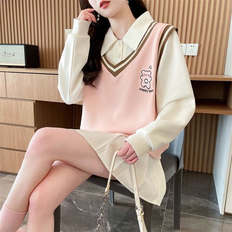 실사 2026 가을 의상 루즈핏 작은 곰 프린트 POLO 칼라 베스트 작은 키 셔츠 맨위 페이크 레이어드 후드티 여성 상세 이미지 22