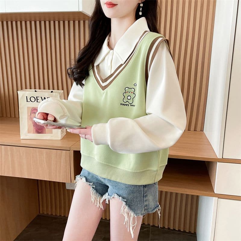 실사 2026 가을 의상 루즈핏 작은 곰 프린트 POLO 칼라 베스트 작은 키 셔츠 맨위 페이크 레이어드 후드티 여성 상세 이미지 26