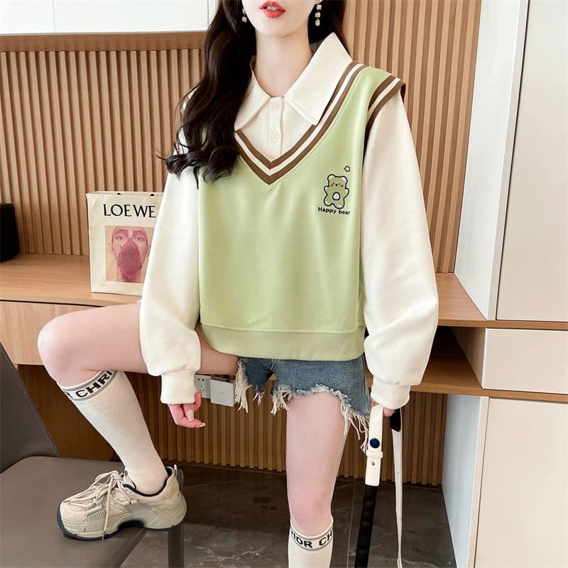 실사 2026 가을 의상 루즈핏 작은 곰 프린트 POLO 칼라 베스트 작은 키 셔츠 맨위 페이크 레이어드 후드티 여성 상세 이미지 29