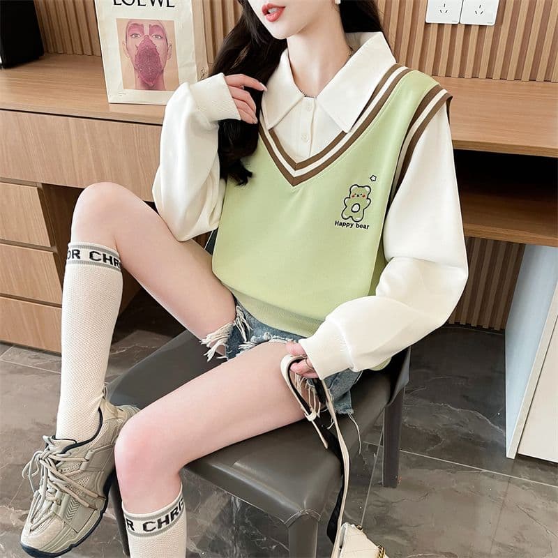 실사 2026 가을 의상 루즈핏 작은 곰 프린트 POLO 칼라 베스트 작은 키 셔츠 맨위 페이크 레이어드 후드티 여성 상세 이미지 30