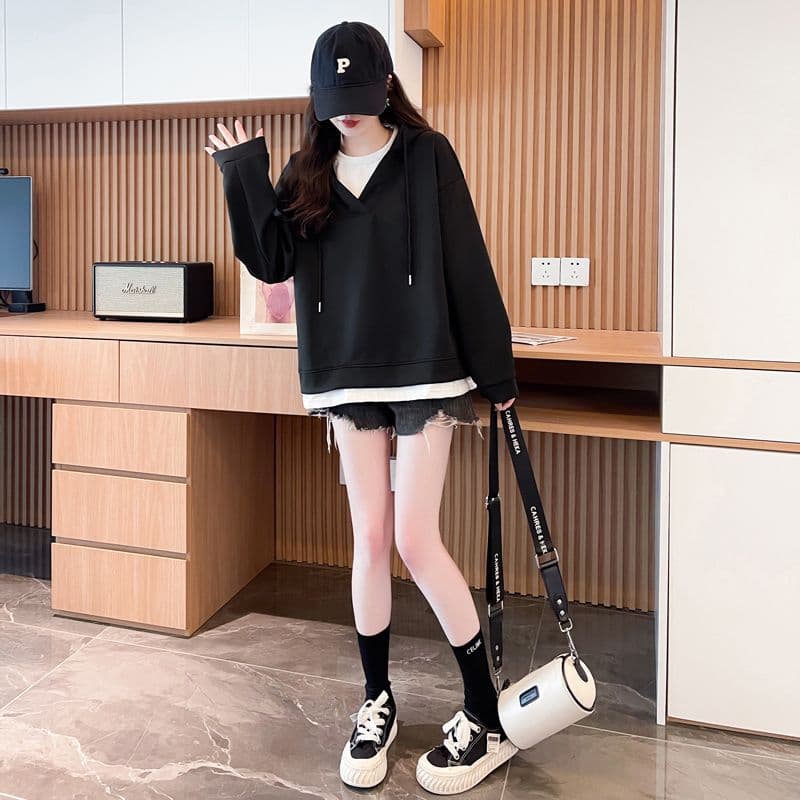 실사 2026 가을 후아 면 복잡한 우유 실크 이중층 모자 빅 사이즈 300 근 얇은 스타일 페이크 레이어드 후드티 여성 상세 이미지 13