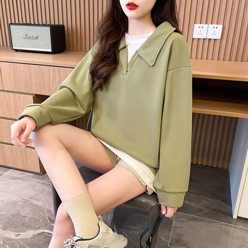 실사 2026 가을 의상 후아 면 복합 우유 실크 310 크 빅 사이즈 페이크 레이어드 얇은 스타일 후드티 여성 상세 이미지 12