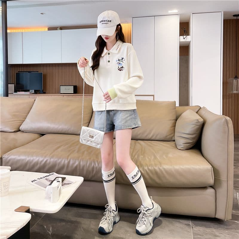 실사 2026 가을 의상 한국 스타일 루즈핏 자수 싸움 플러그 색상 후아 면 후드티 여성 상세 이미지 14