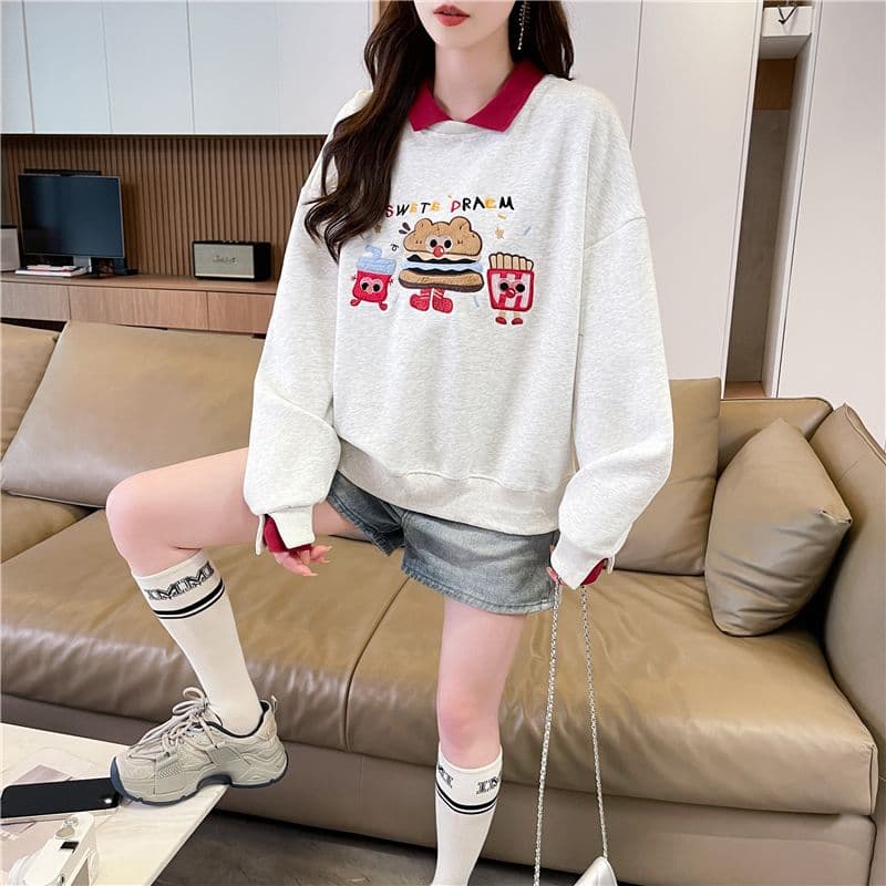 실사 2026 가을 의상 한국 스타일 루즈핏 봄과 가을 자수 싸움 플러그 색상 후아 면 후드티 여성 상세 이미지 7
