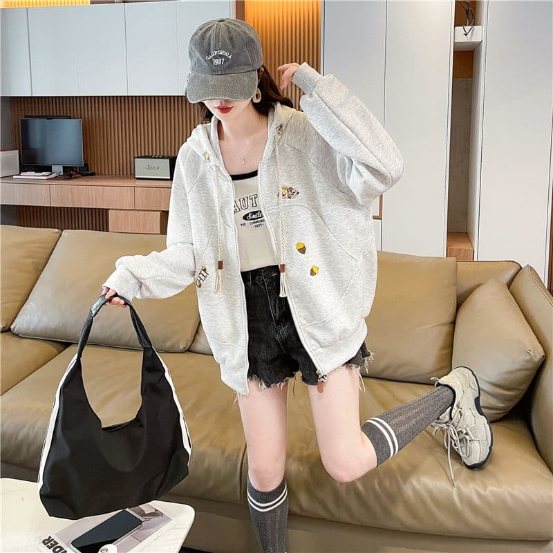 실사 2026 가을 의상 한국 스타일 루즈핏 봄과 가을 자수 지퍼 패치워크 후아 코튼 자켓 후드티 여성 상세 이미지 7