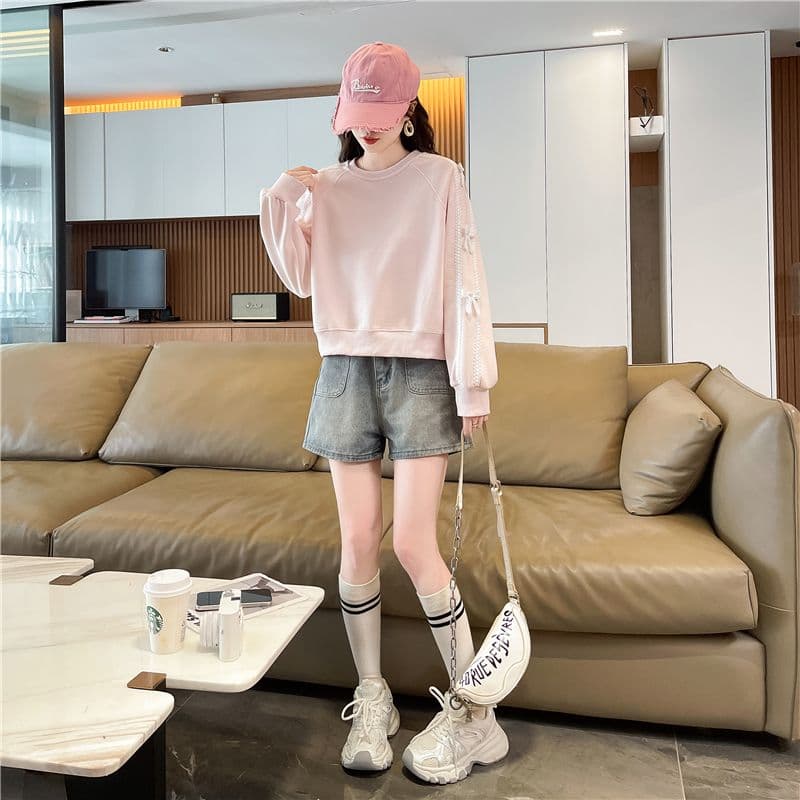 실사 2026 가을 의상 한국 스타일 루즈핏 레이스 레이스 장식 패치워크 후아 면 후드티 여성 상세 이미지 6