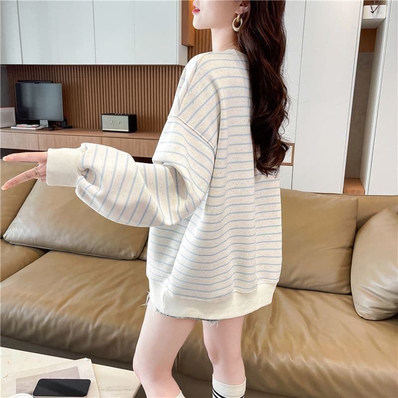 실사 2026 가을 의상 한국 스타일 루즈핏 자수 스트라이프 색상 포인트 후아 면 후드티 여성 상세 이미지 3