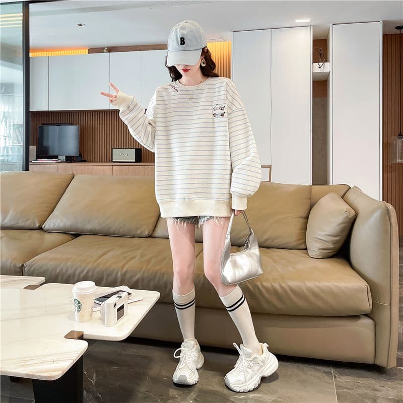실사 2026 가을 의상 한국 스타일 루즈핏 자수 스트라이프 색상 포인트 후아 면 후드티 여성 상세 이미지 5