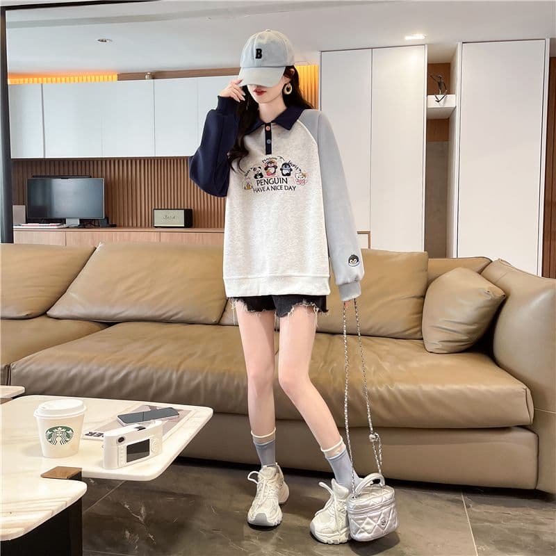 실사 2026 가을 의상 한국 스타일 루즈핏 자수 싸움 플러그 색상 후아 면 후드티 여성 상세 이미지 13