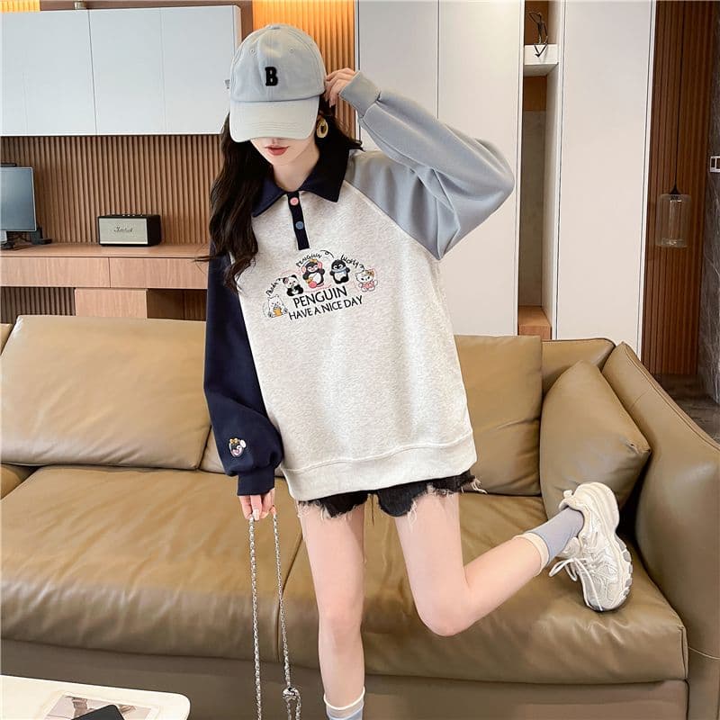 실사 2026 가을 의상 한국 스타일 루즈핏 자수 싸움 플러그 색상 후아 면 후드티 여성 상세 이미지 14